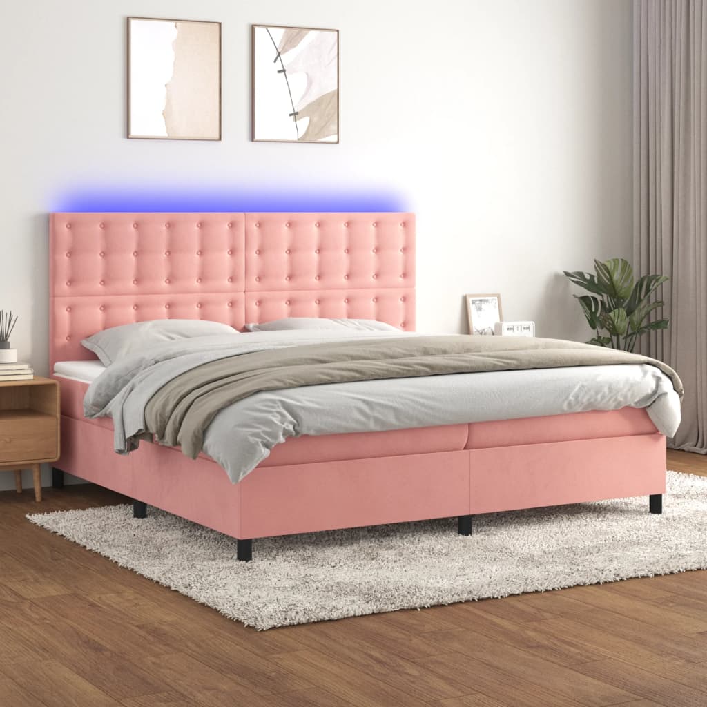 rózsaszín bársony rugós és LED-es ágy matraccal 200x200 cm