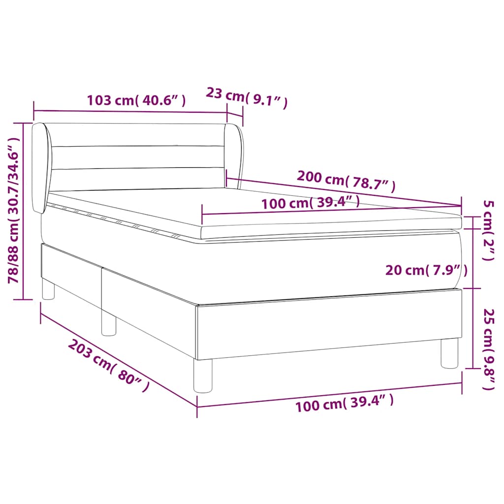 sötétkék bársony rugós ágy matraccal 100 x 200 cm