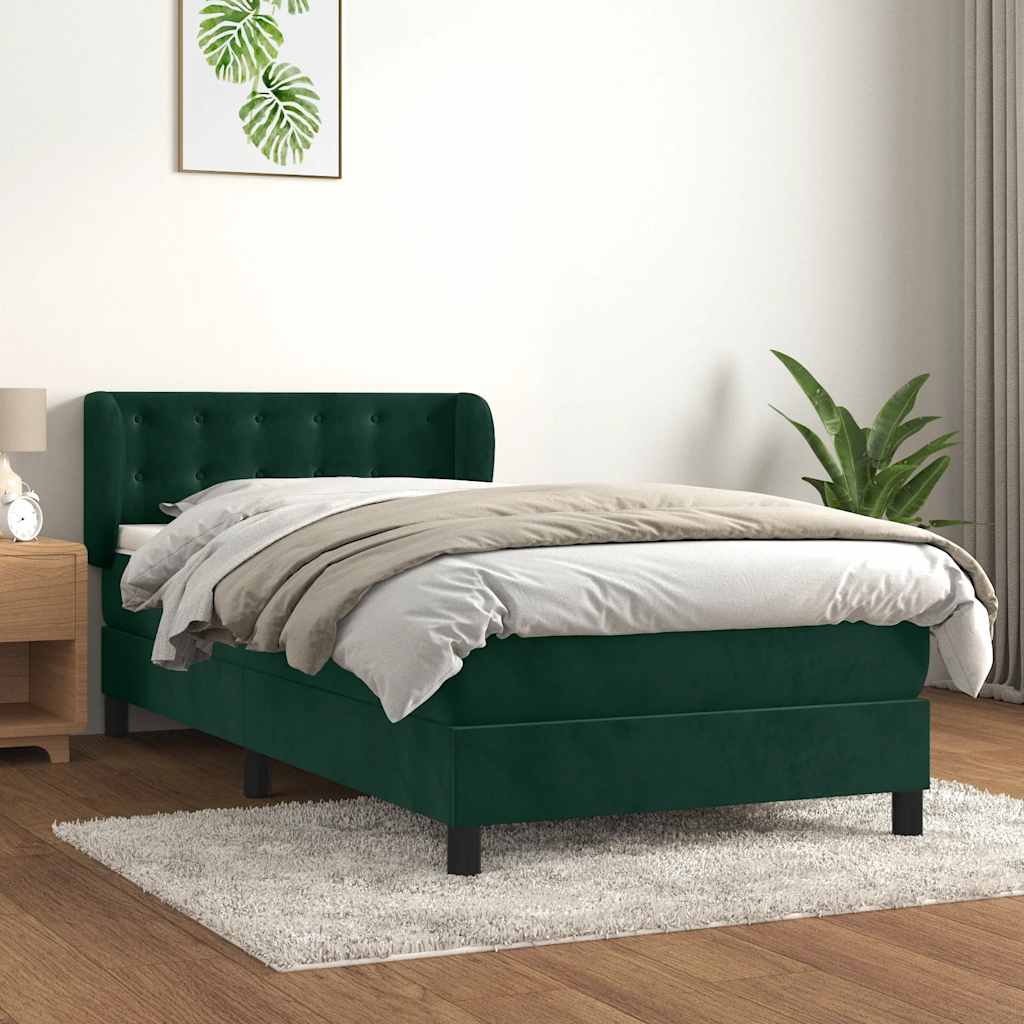 sötétzöld bársony rugós ágy matraccal 90 x 200 cm