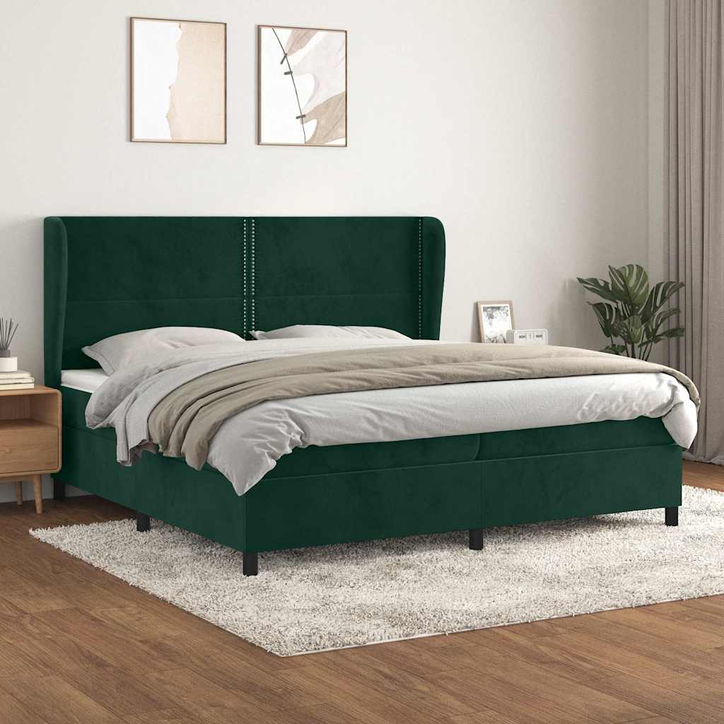 sötétzöld bársony rugós ágy matraccal 200x200 cm