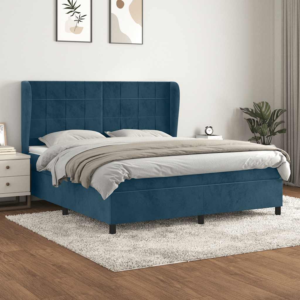 sötétkék bársony rugós ágy matraccal 180x200 cm
