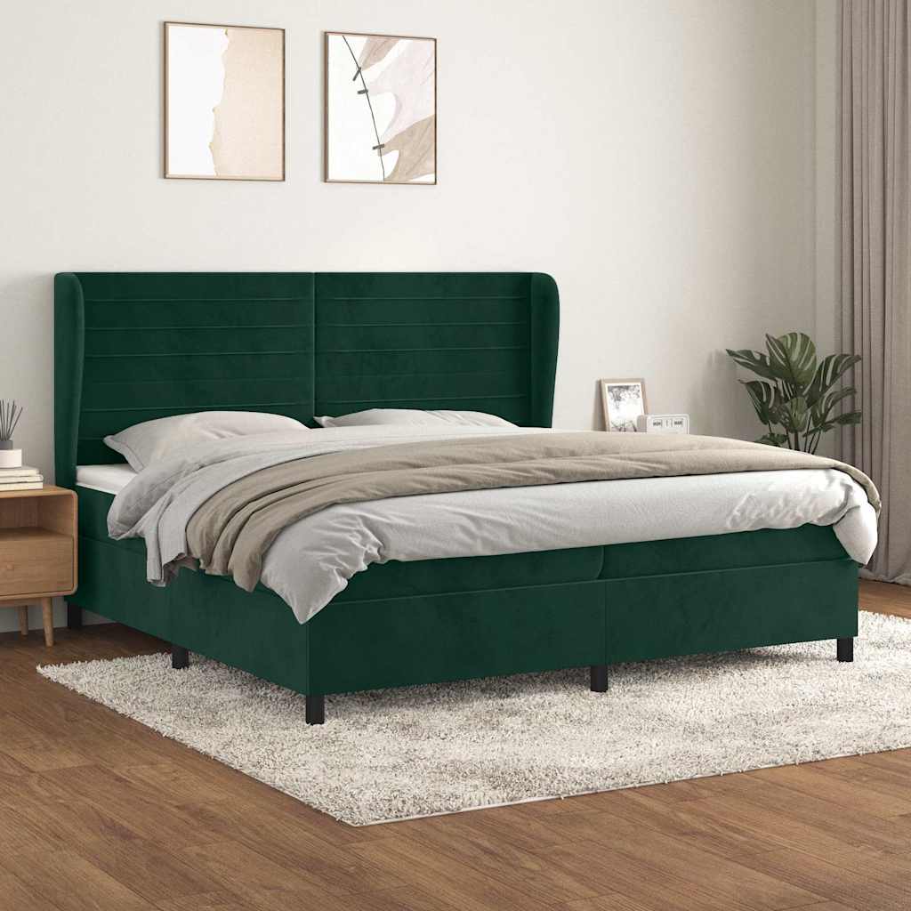sötétzöld bársony rugós ágy matraccal 200x200 cm