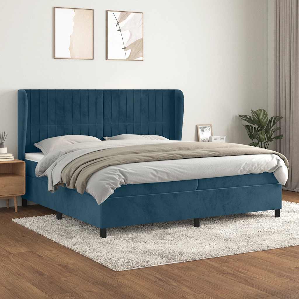 sötétkék bársony rugós ágy matraccal 200x200 cm