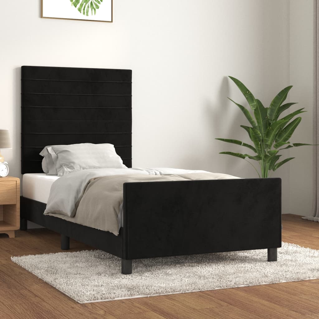 fekete bársony ágykeret fejtámlával 90x200 cm