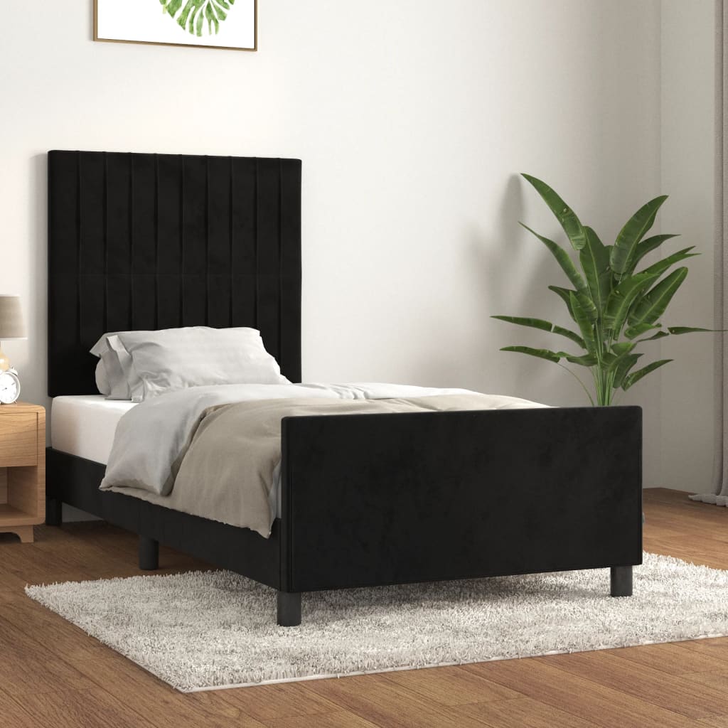 fekete bársony ágykeret fejtámlával 90x200 cm
