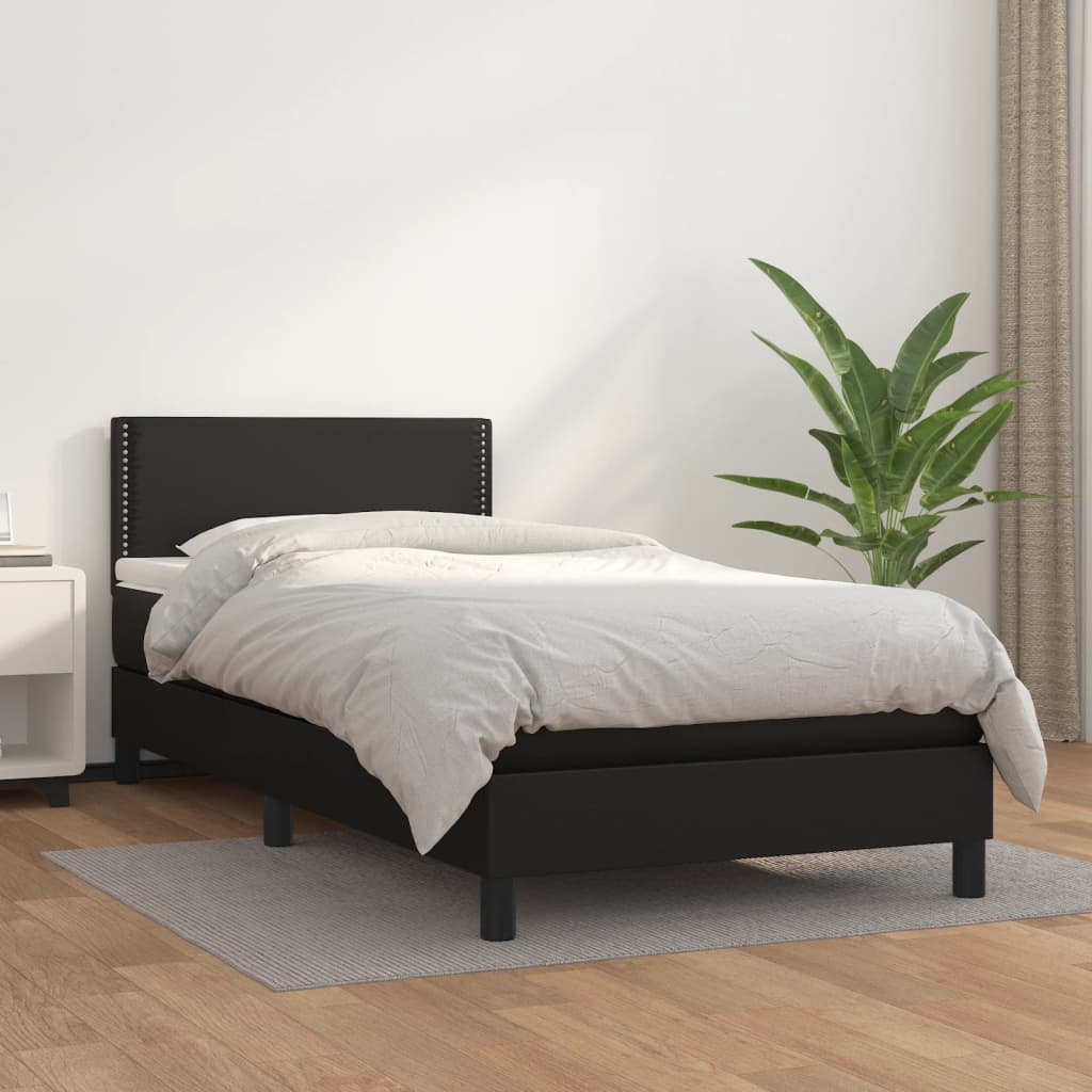 fekete műbőr rugós ágy matraccal 90 x 200 cm