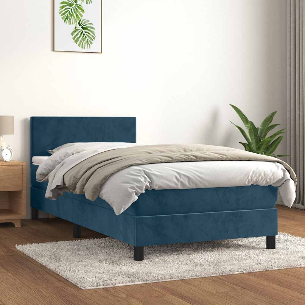 sötétkék bársony rugós ágy matraccal 90 x 200 cm