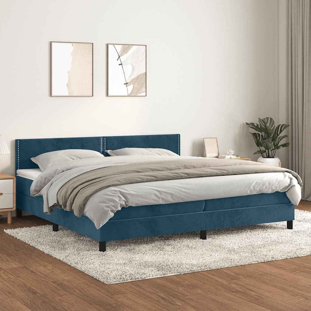 sötétkék bársony rugós ágy matraccal 200x200 cm