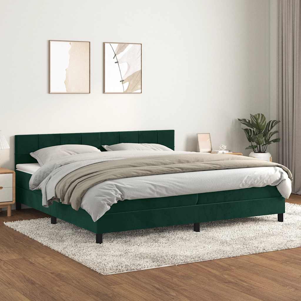 sötétzöld bársony rugós ágy matraccal 200x200 cm