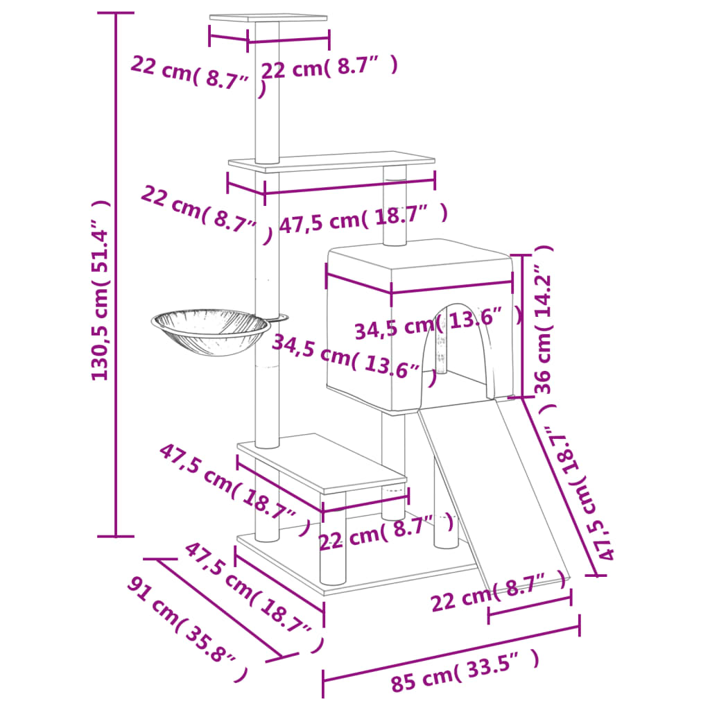 sötétszürke macskabútor szizál kaparófával 130,5 cm