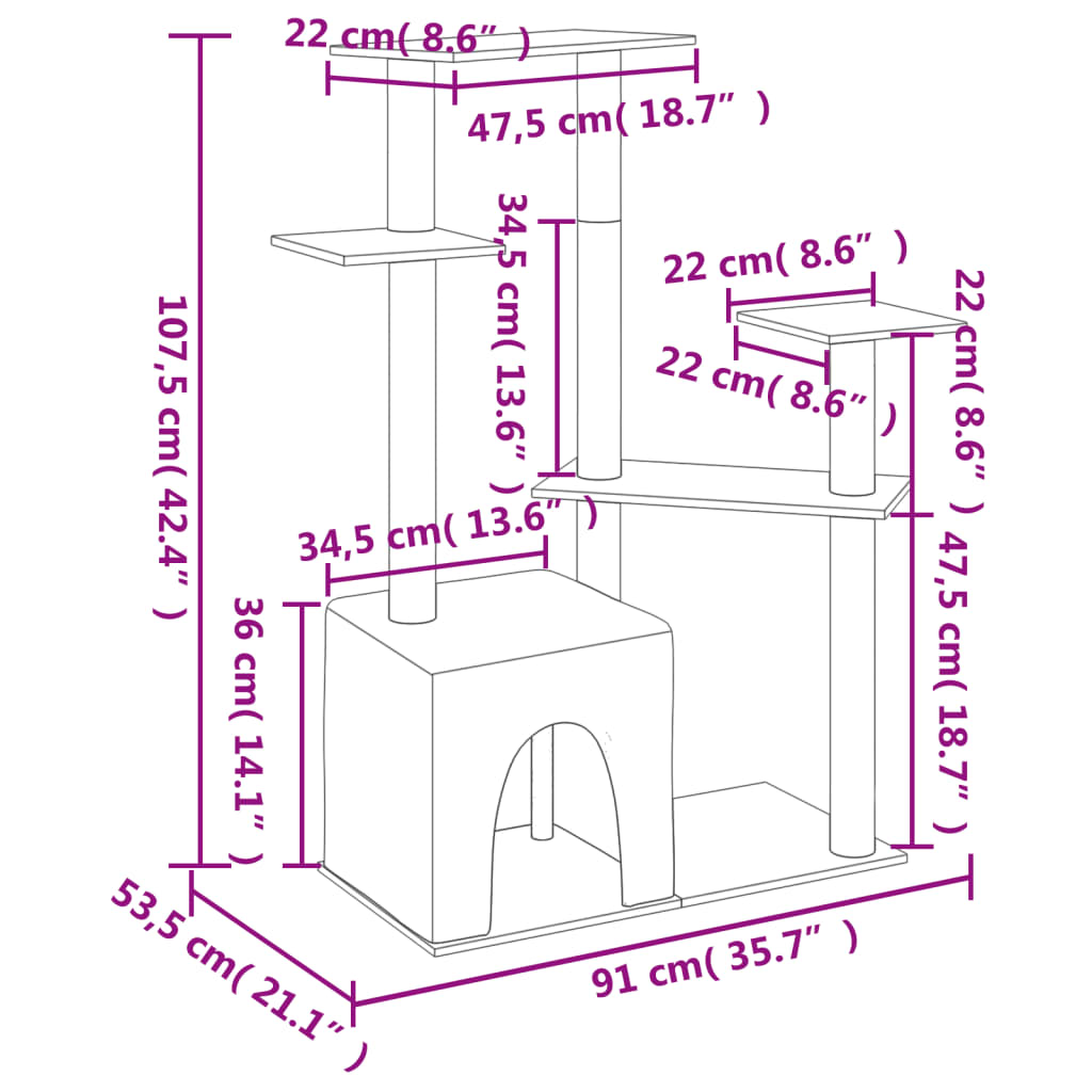 világosszürke macskabútor szizál kaparófákkal 107,5 cm