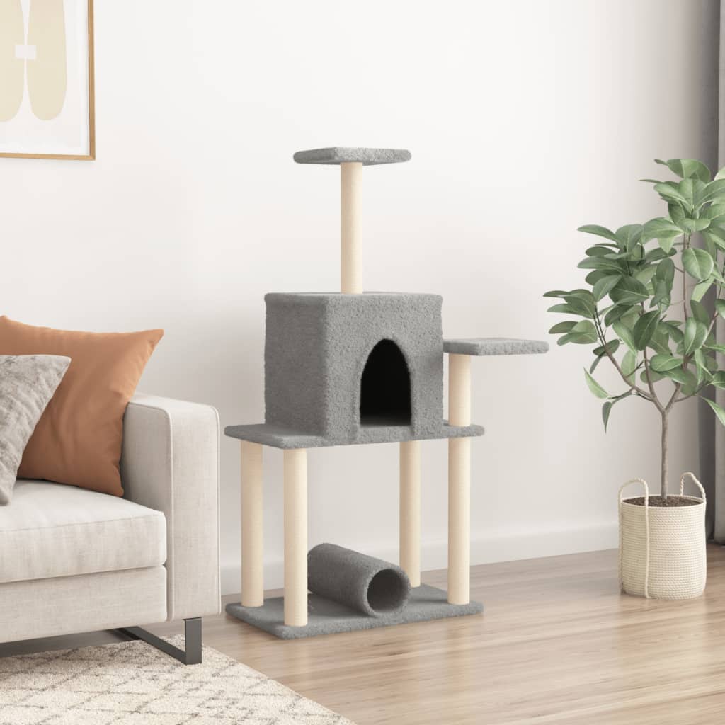 világosszürke macskabútor szizál kaparófákkal 122 cm