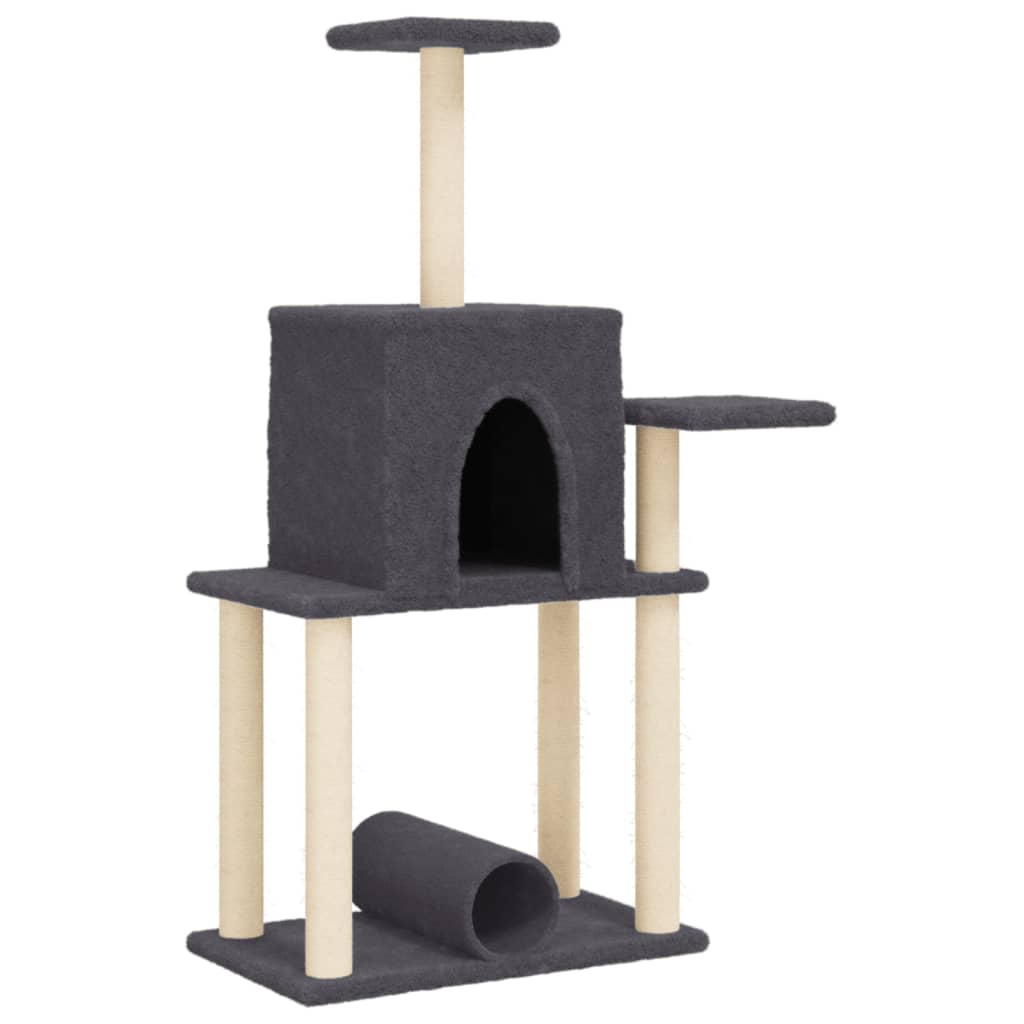 sötétszürke macskabútor szizál kaparófákkal 122 cm