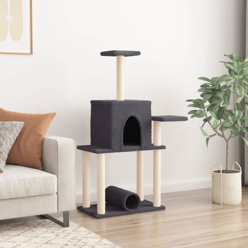 sötétszürke macskabútor szizál kaparófákkal 122 cm