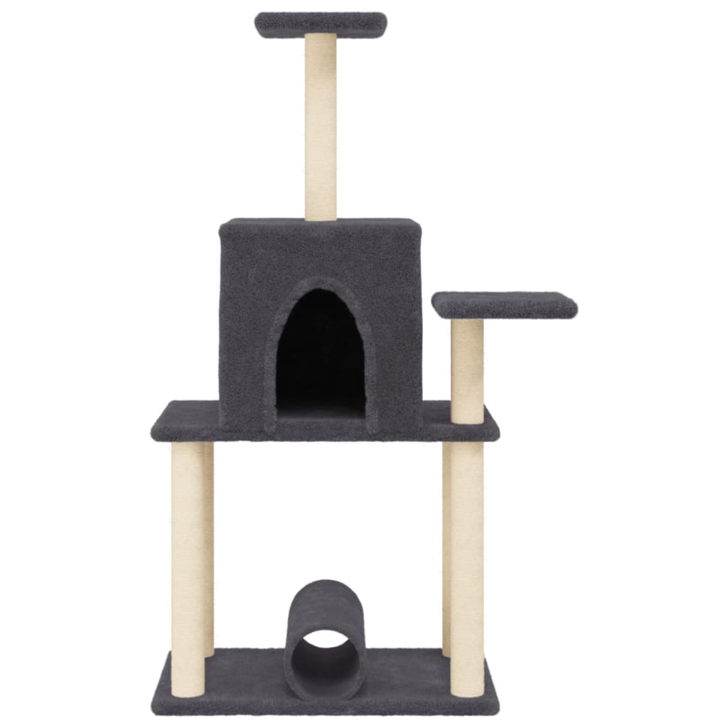 sötétszürke macskabútor szizál kaparófákkal 122 cm