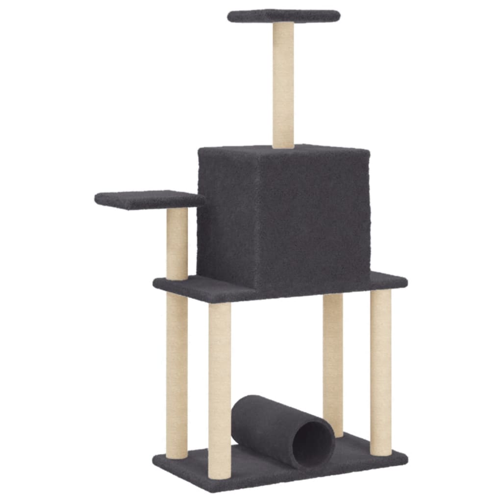 sötétszürke macskabútor szizál kaparófákkal 122 cm
