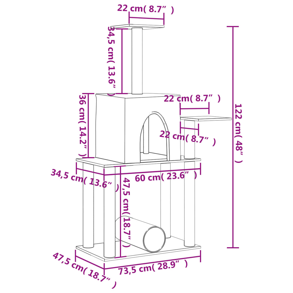 sötétszürke macskabútor szizál kaparófákkal 122 cm