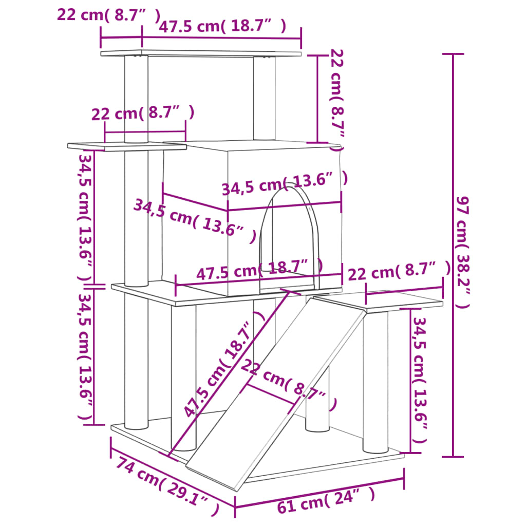 világosszürke macskabútor szizál kaparófákkal 97 cm