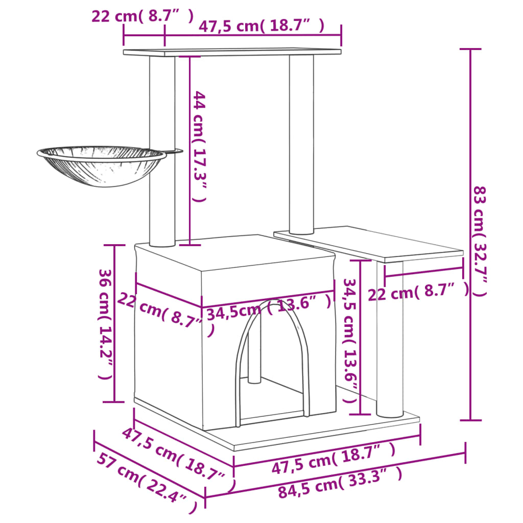 világosszürke macskabútor szizál kaparófákkal 83 cm
