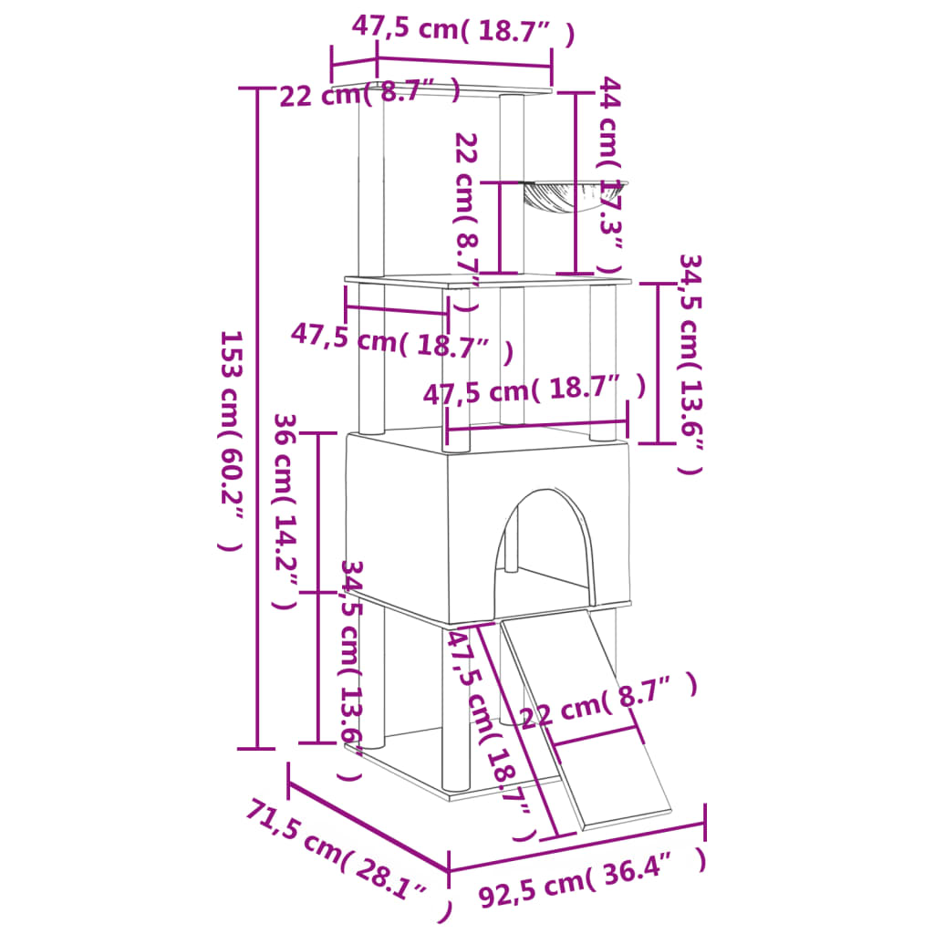 krémszínű macskabútor szizál kaparófákkal 153 cm