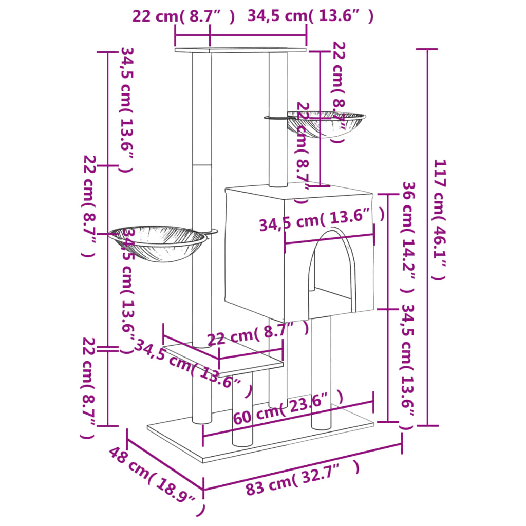 sötétszürke macskabútor szizál kaparófákkal 117 cm