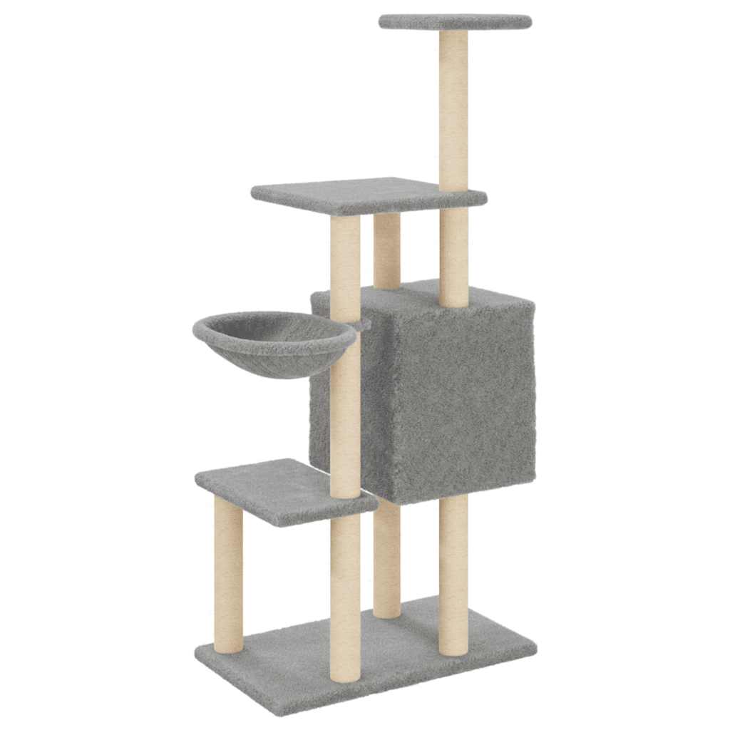 világosszürke macskabútor szizál kaparófákkal 131 cm