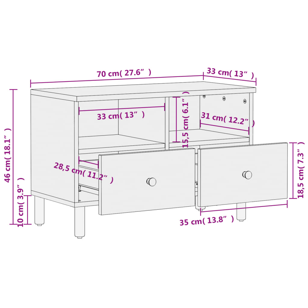 fekete tömör mangófa TV-szekrény 70 x 33 x 46 cm