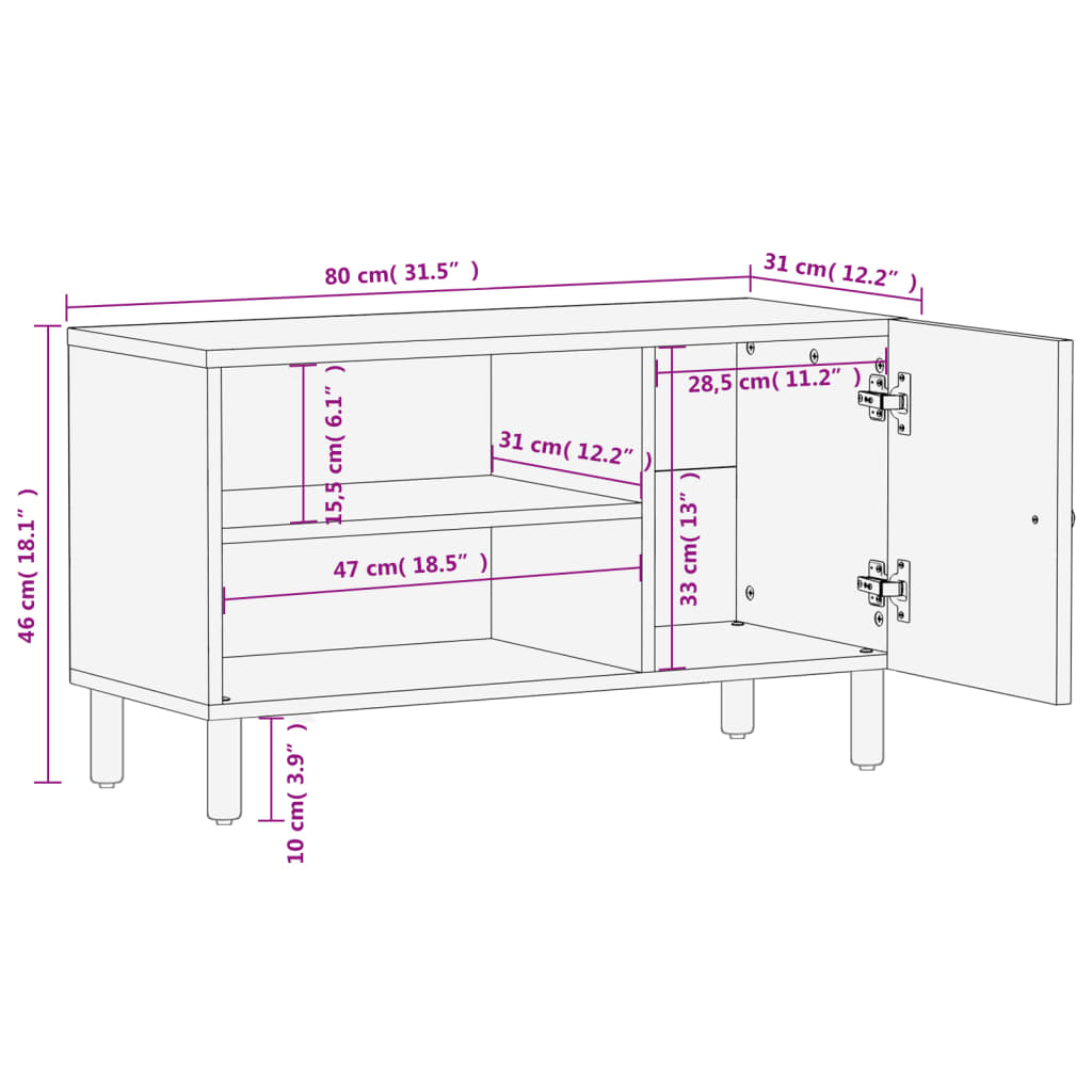 fekete tömör mangófa TV-szekrény 80 x 31 x 46 cm