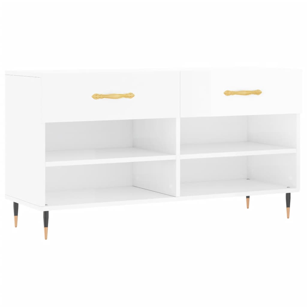 magasfényű fehér szerelt fa cipőpolc 102x35x55 cm