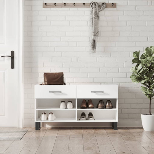 magasfényű fehér szerelt fa cipőpolc 102x35x55 cm