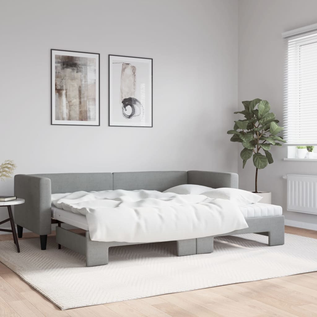 világosszürke kihúzható szövet heverő matracokkal 80 x 200 cm