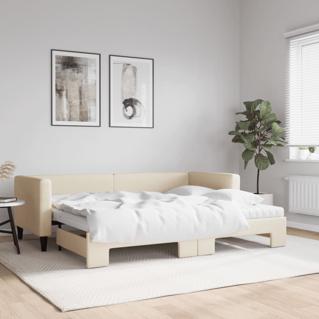 krémszínű kihúzható szövet heverő matracokkal 80 x 200 cm