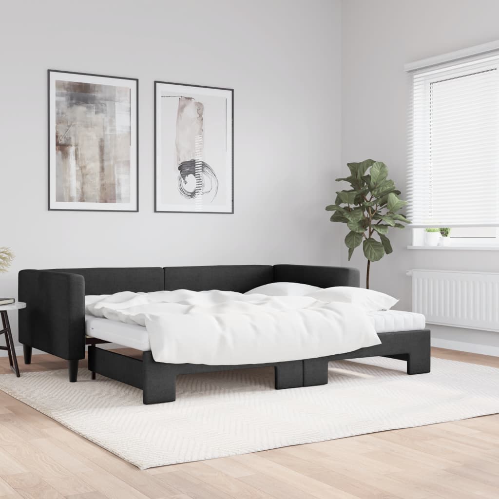 fekete kihúzható szövet heverő matracokkal 90 x 200 cm