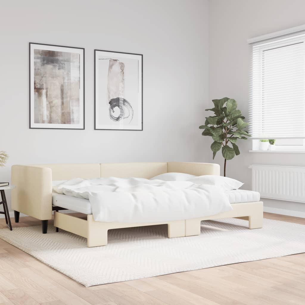 krémszínű kihúzható szövet heverő matracokkal 90 x 200 cm