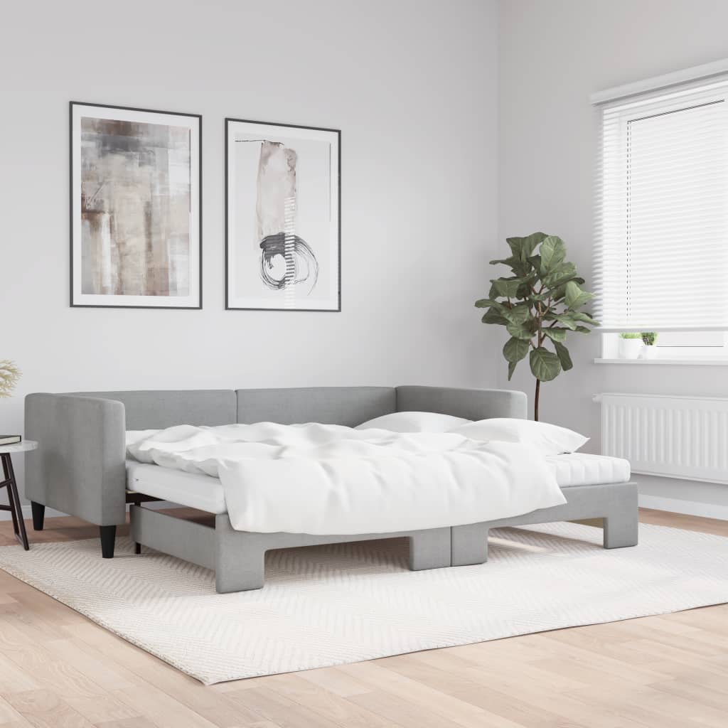 világosszürke kihúzható szövet heverő matracokkal 100 x 200 cm