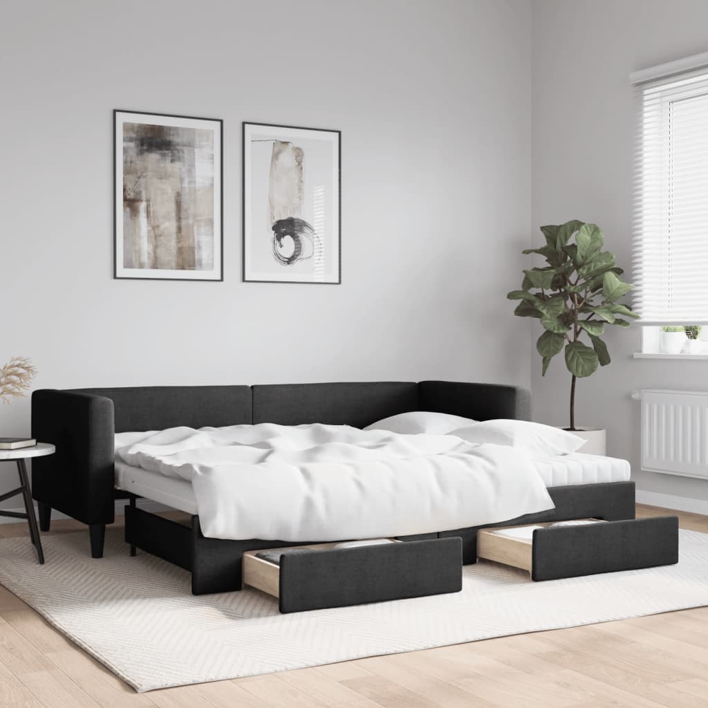 fekete kihúzható szövet heverő fiókokkal 80 x 200 cm