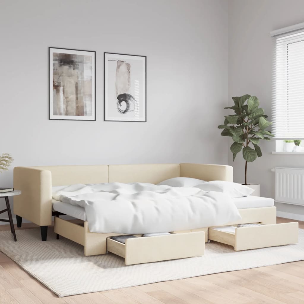 krémszínű kihúzható szövetheverő fiókokkal 90 x 200 cm