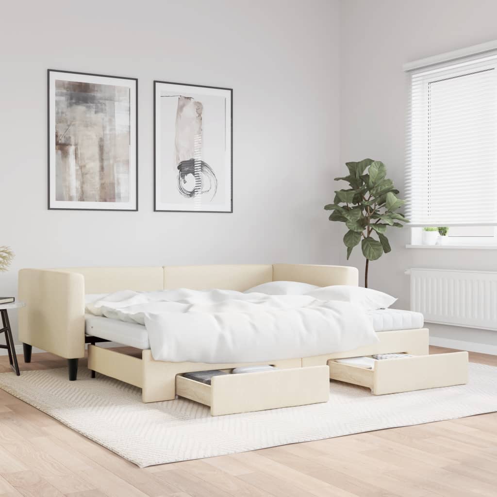 krémszínű kihúzható szövetheverő fiókokkal 90 x 200 cm