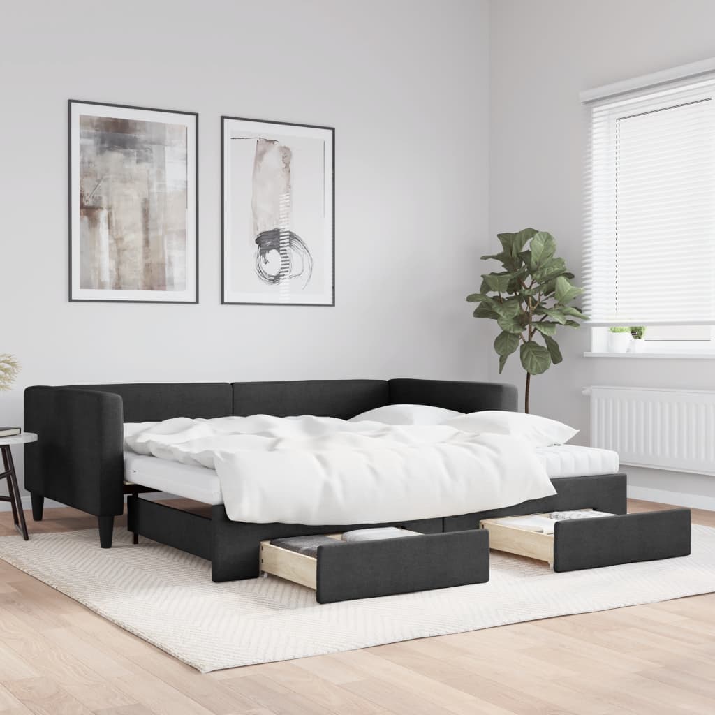 fekete kihúzható szövet heverő fiókokkal 100 x 200 cm