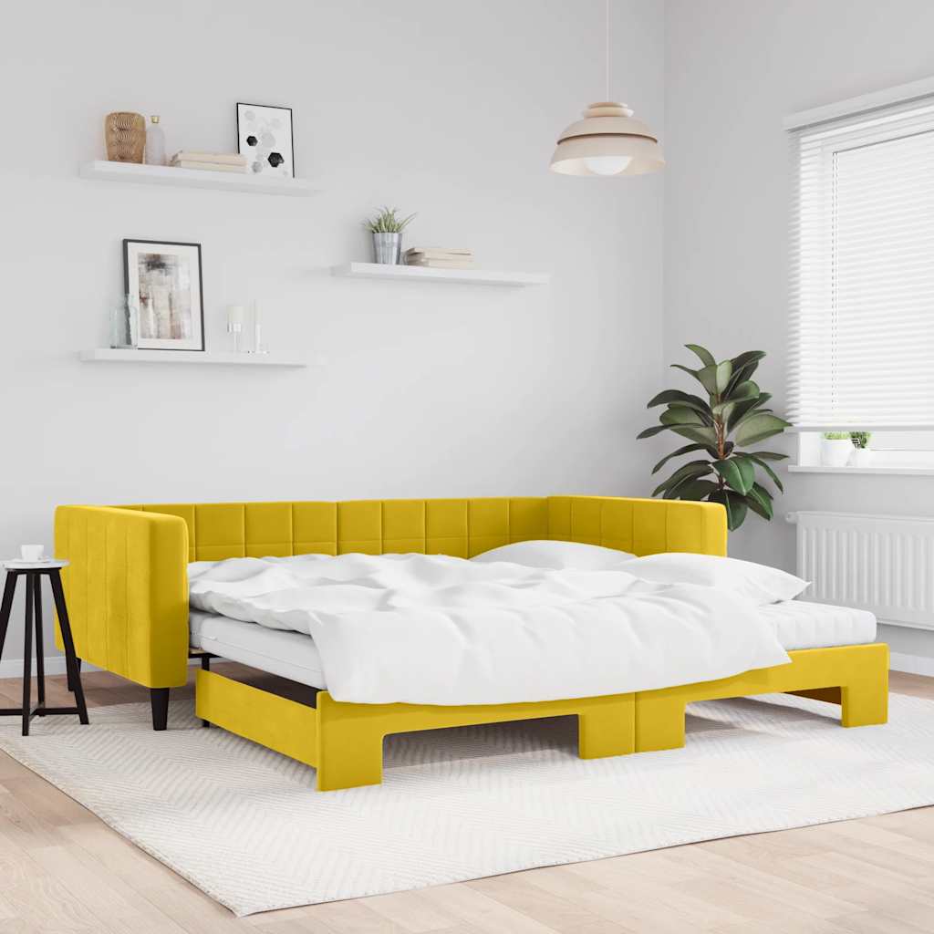 sárga kihúzható bársony heverő matraccal 100 x 200 cm