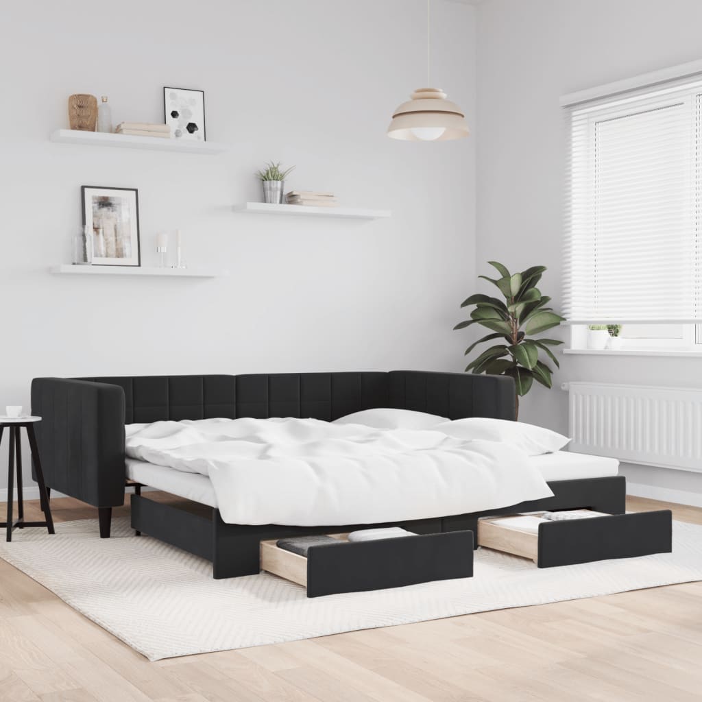 fekete kihúzható bársony heverő fiókkal 90 x 190 cm