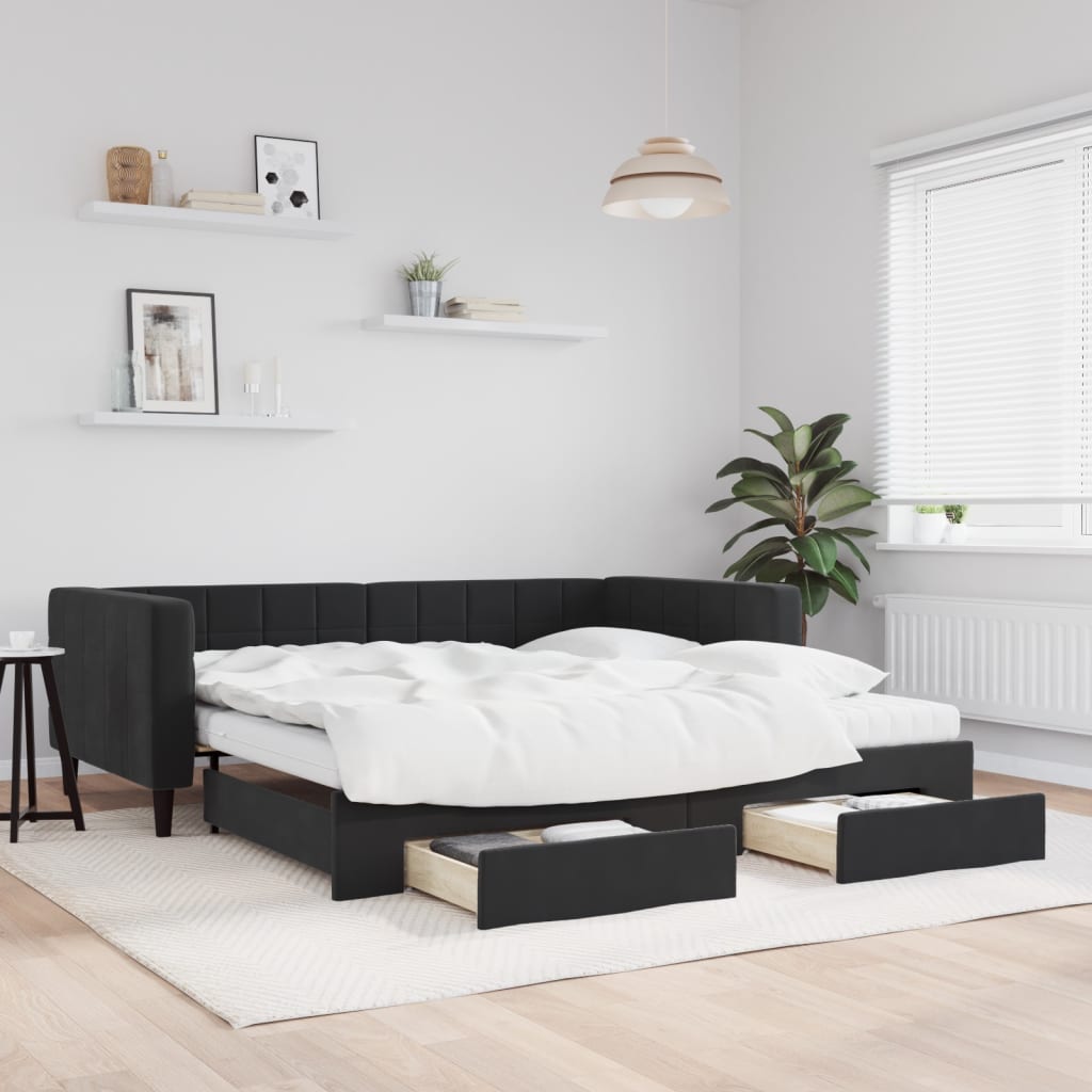fekete kihúzható bársony heverő fiókkal 100 x 200 cm