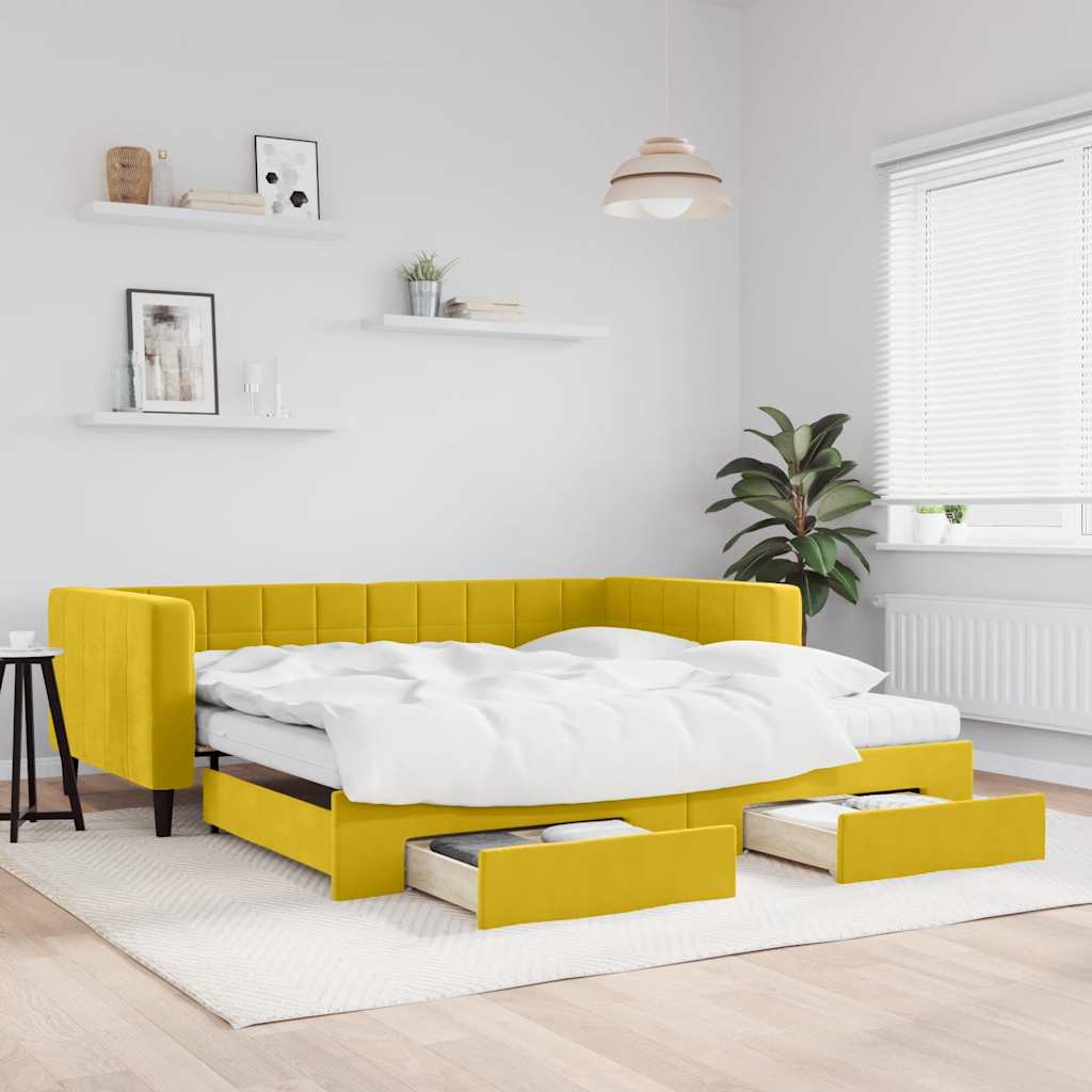 sárga kihúzható bársony heverő fiókkal 100 x 200 cm