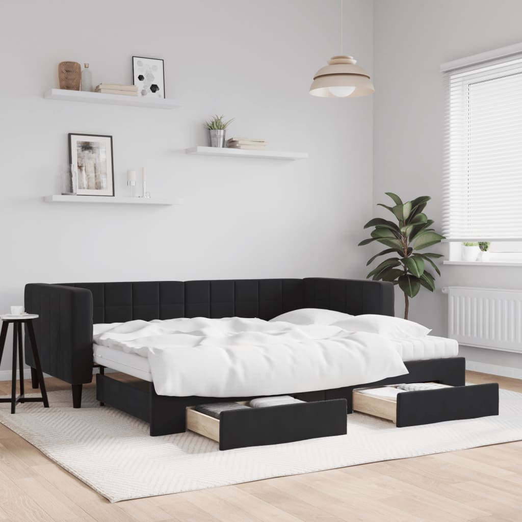 fekete kihúzható bársony heverő fiókkal 90 x 190 cm