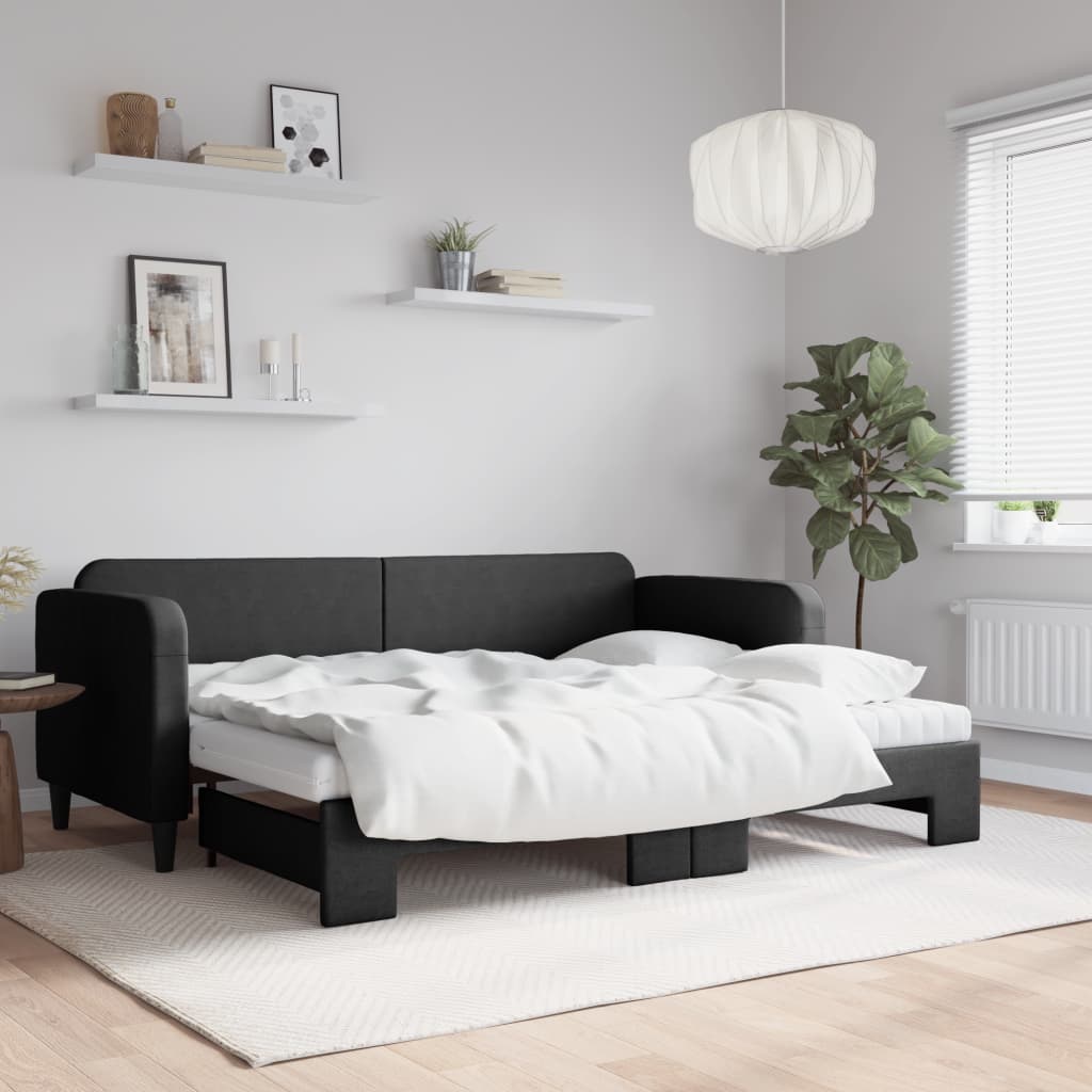 fekete kihúzható szövet heverő matracokkal 80 x 200 cm