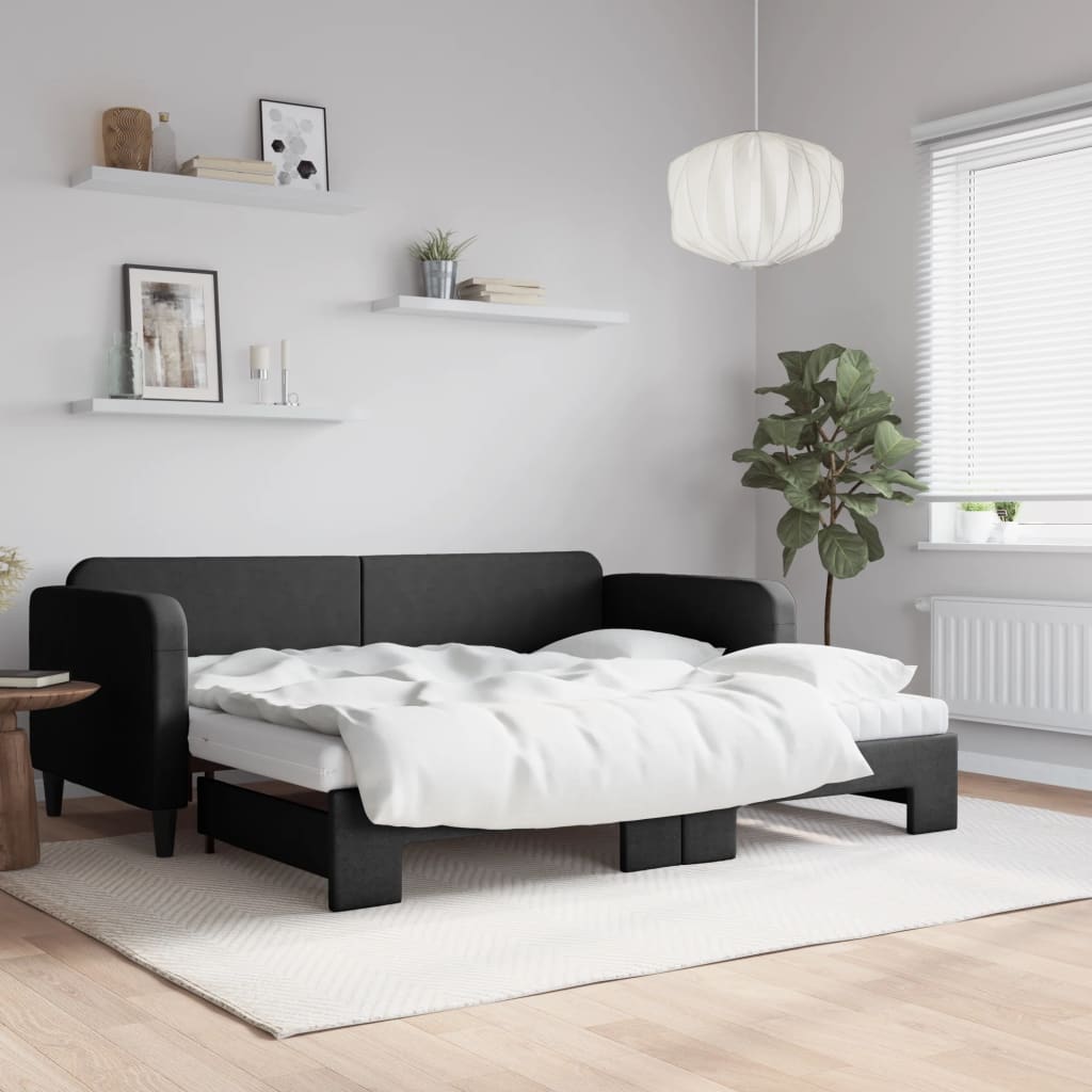 fekete kihúzható szövet heverő matracokkal 90 x 200 cm