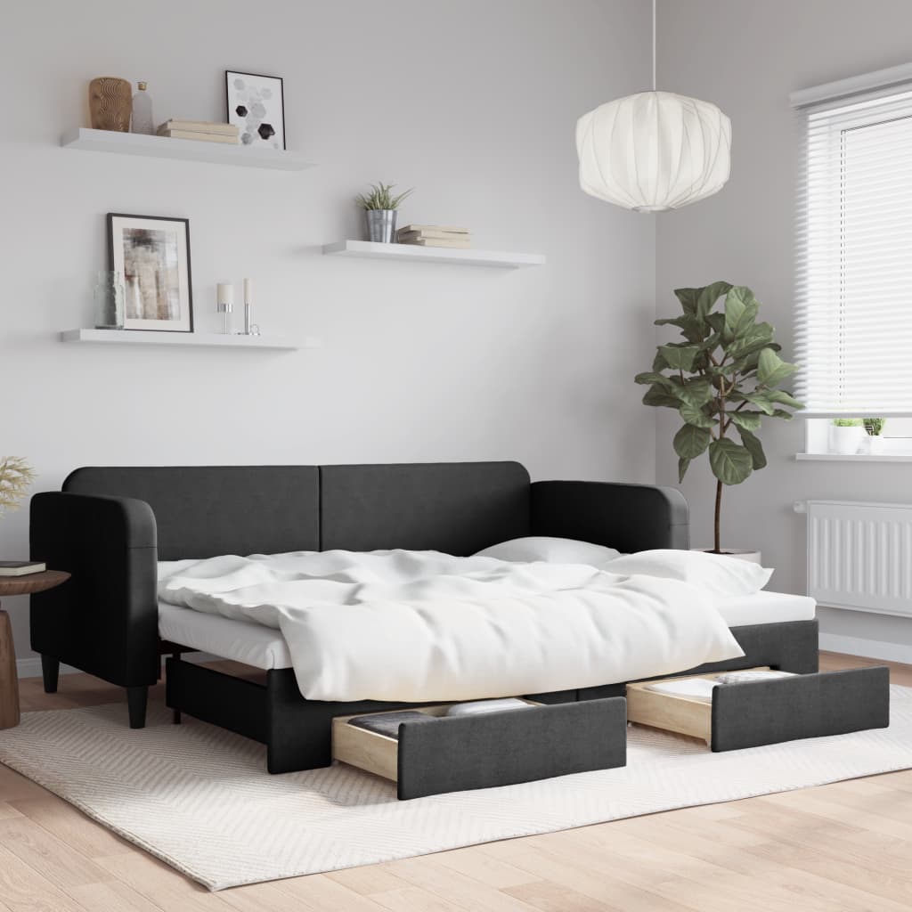 fekete kihúzható szövet heverő fiókokkal 80 x 200 cm