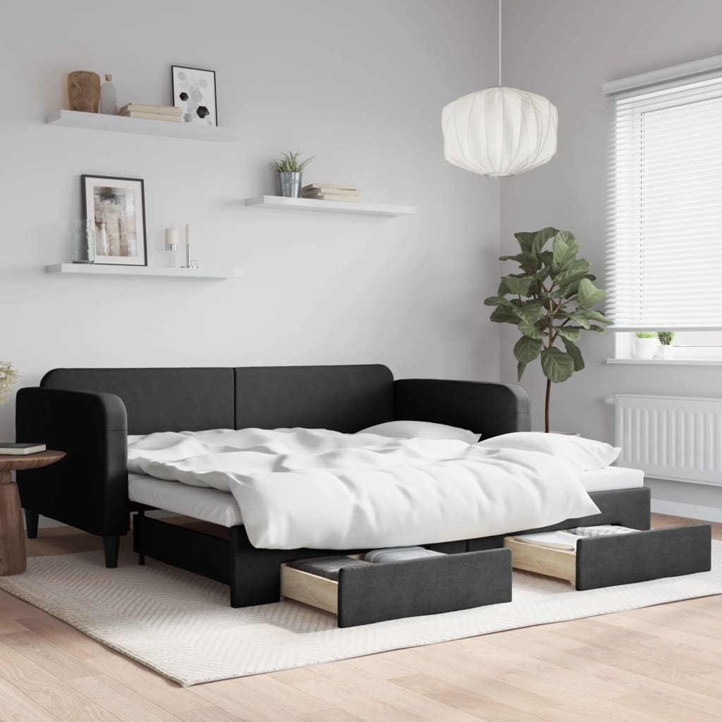 fekete kihúzható szövet heverő fiókokkal 100 x 200 cm