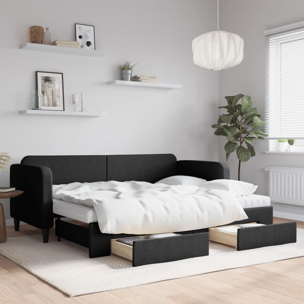 fekete kihúzható szövet heverő fiókokkal 80 x 200 cm