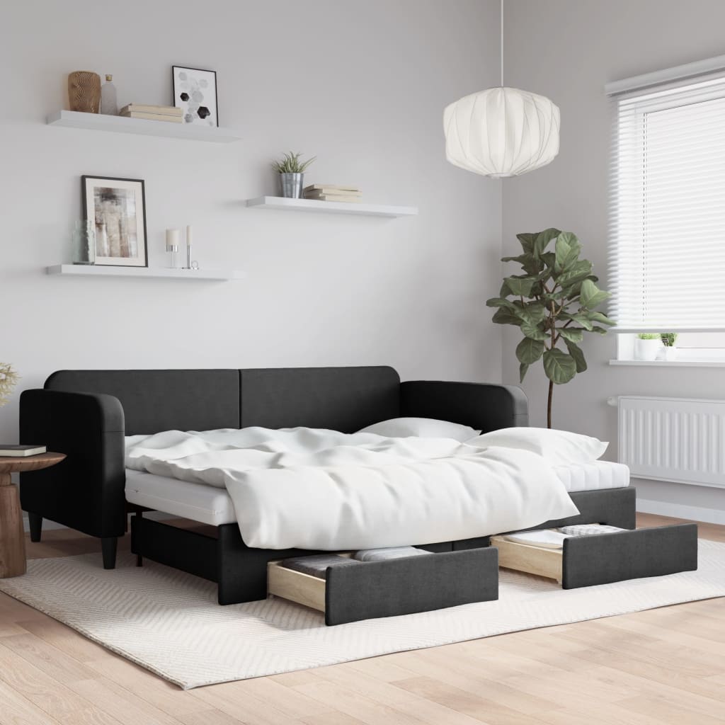 fekete kihúzható szövet heverő fiókokkal 90 x 200 cm